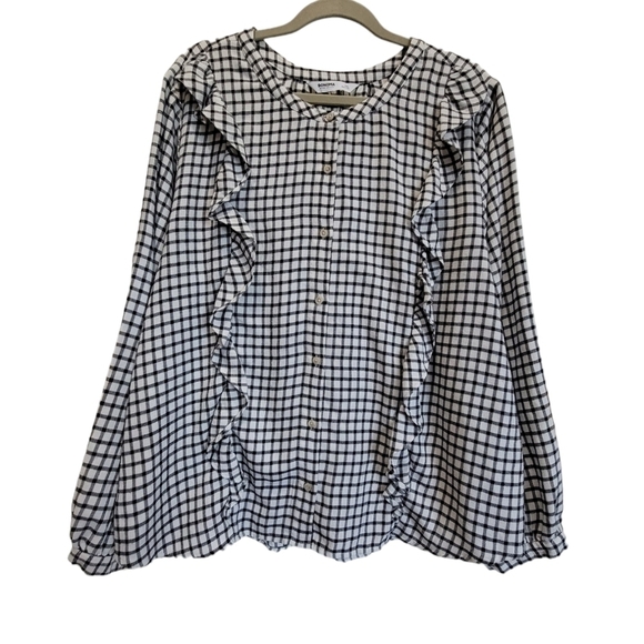 XXL Checkered Long Sleeve Ruffle Button Down Blouse - Picture 1 of 6